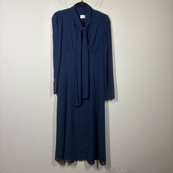 Wilfred Dresses & Skirts - Wilfred 6 Mambo Chiffon Maxi Dress Navy Necktie Button Down Puff Long Sleeves